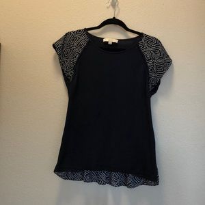 LOFT navy blouse with pattern peplum and sleeves